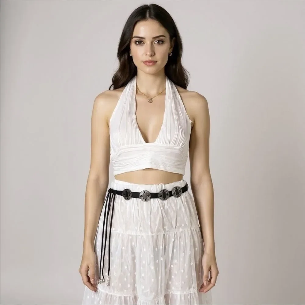 Black Suede Silver Aztec Concho Fringe Belt OS